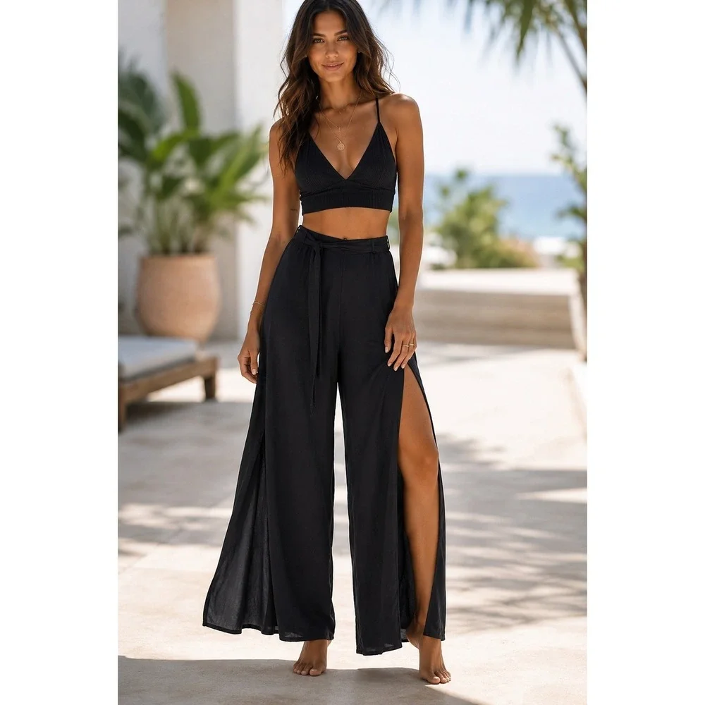 Y2K Resortwear Chic Wide Leg Pants Side Slit Black Size M 31